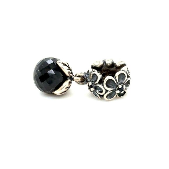 Pandora Flower Onyx Dangle Charm - Rare - Picture 1 of 5